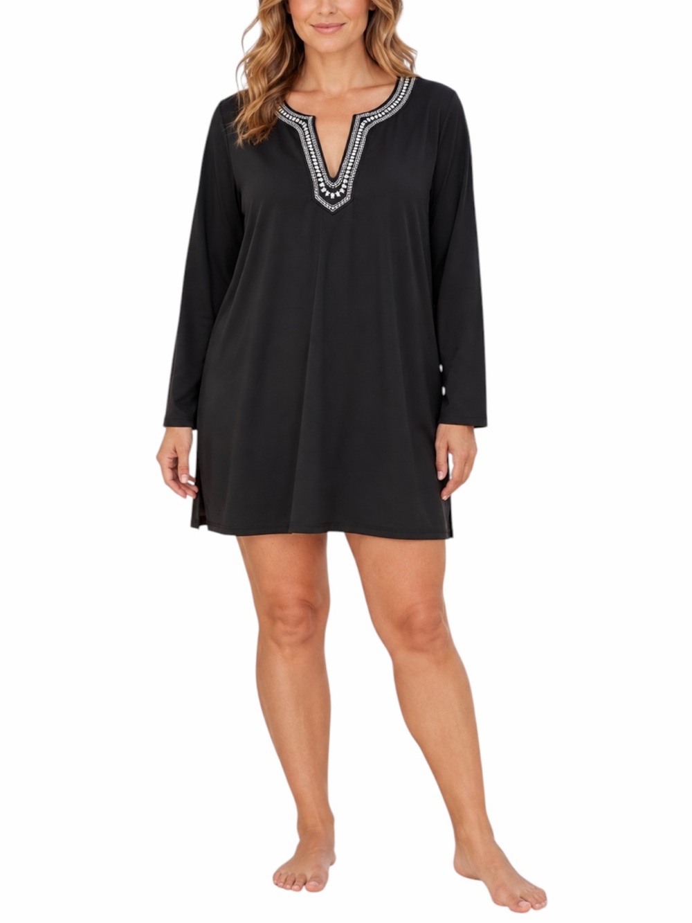 Lands End Swim Coverup Size 2X Embroidered Split Neck Stretch Black White Beach